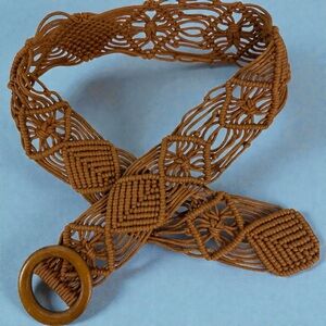 Wide Woven Macrame Rope 70s 80s Brown Belt Wood Buckle Boho Hippie Cottage Hip L